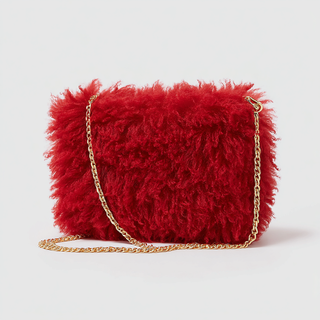 Damen Felltasche - Schultertasche aus lockigem Fell mit goldfarbener Kette - rot - modisches Abenddesign - mittelgroß-Craftuse