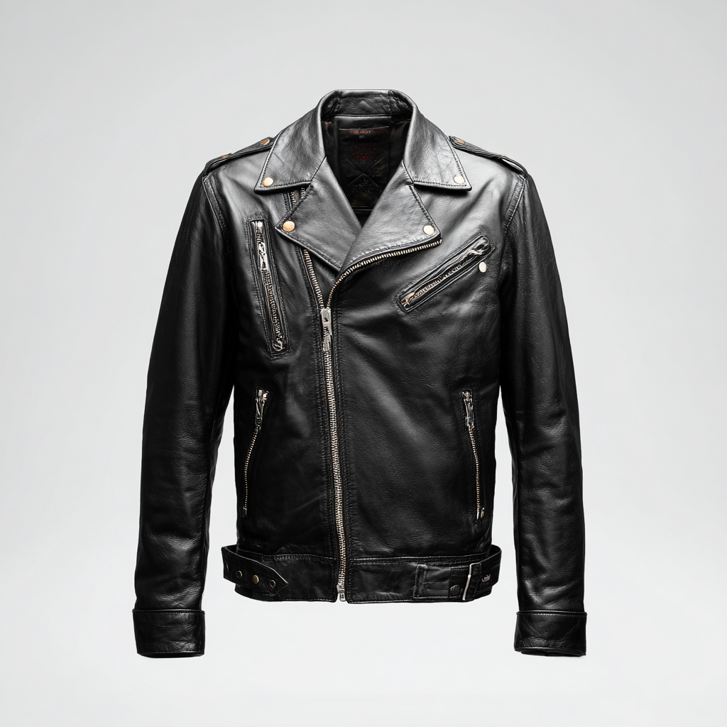 Herren Lederjacke - Herren - Echtleder - Schwarz - Bikerjacke mit asymmetrischem Reißverschluss und Gürtel - Größe L-Craftuse