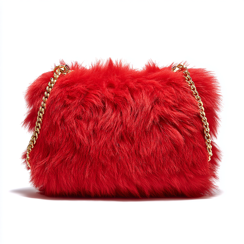 Damen Felltasche - Schultertasche aus rotem Fell mit goldfarbener Kette - luxuriöses Design - mittelgroß - Abendmode-Craftuse
