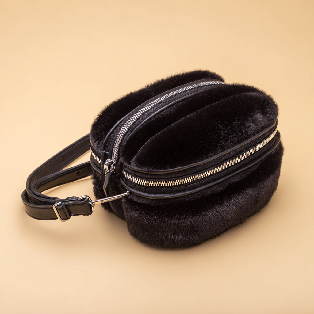 Damen Felltasche - Gürteltasche - Echtpelz Schwarz - Doppelreißverschluss mit Lederdetails - Kompaktformat-Craftuse