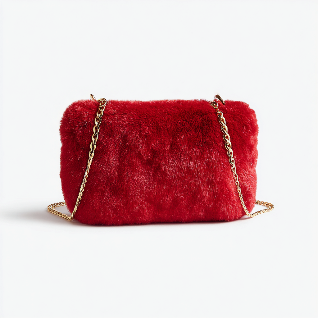 Damen Felltasche - Schultertasche - Kunstpelz Rot - Elegantes Design mit Goldkette - Kleinformat-Craftuse