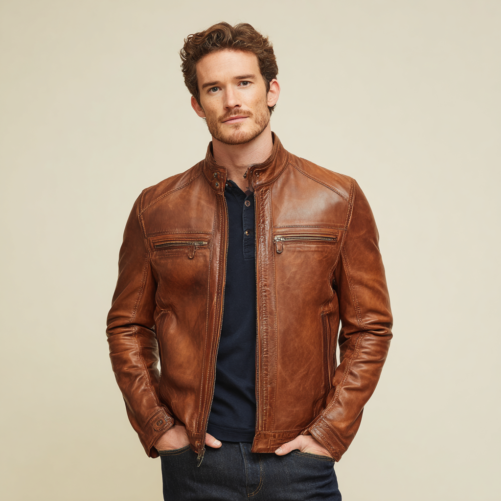 Herren Lederjacke - Herren - Echtleder - Hellbraun - Stehkragenjacke im Vintage-Stil mit Reißverschlusstaschen - Größe L-Craftuse
