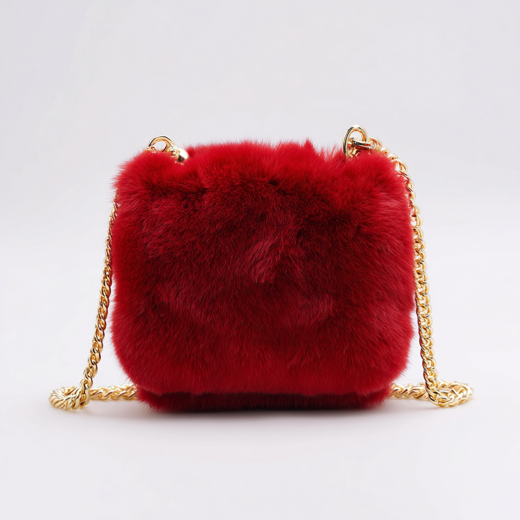 Damen Felltasche - Schultertasche aus rotem Fell mit goldener Gliederkette - luxuriöses Winterdesign - klein-Craftuse