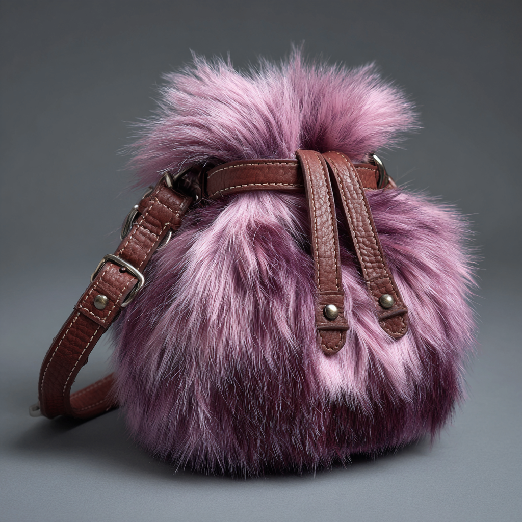 Damen Felltasche - Schultertasche aus Fell in Lila-Rosa mit Lederdetails - Kordelzug-Design - Wintermode - klein-Craftuse