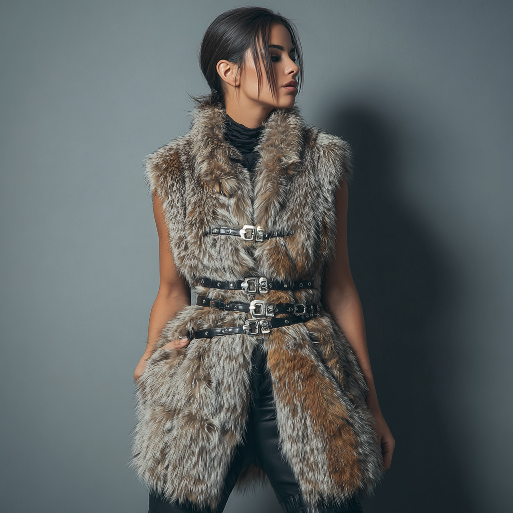 Damen Nerzweste - Echtpelz - Mittel-Lang - Silber-Braun - Dreifachriemen-Design - Größe M-Craftuse