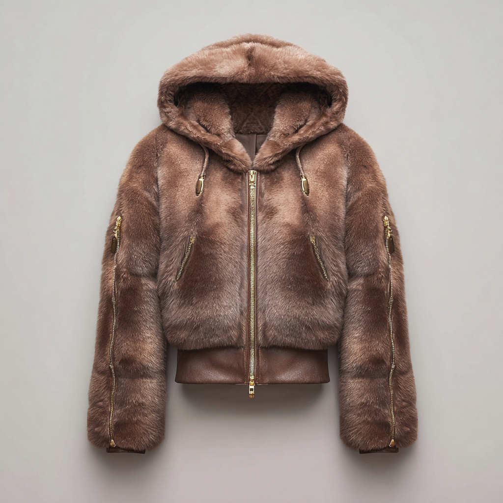 Damen Marderfell Bomberjacke mit Kapuze und Reißverschlüssen an den Ärmeln - Bomberjacke - Marderfell - Braun - Normale Passform - Einheitsgröße-Craftuse