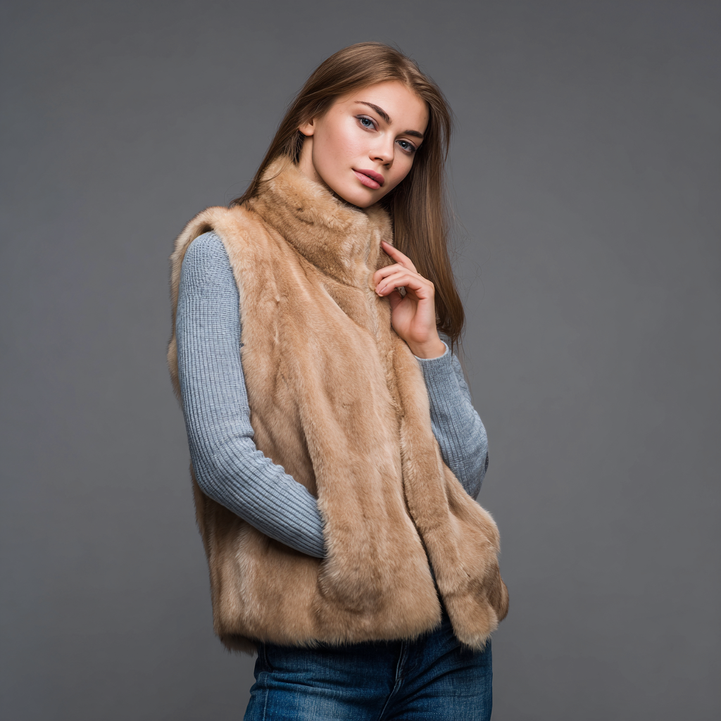 Damen Nerzweste - Echtpelz - Kurz - Hellgold - Echtpelzweste mit hohem Kragen und weicher Struktur - Größe M-Craftuse