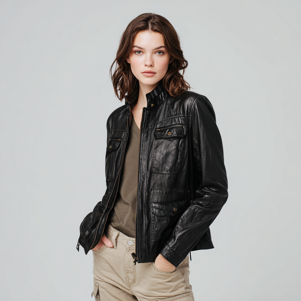 Damen Lederjacke - Damen - Echtleder - Schwarz - Kurze Jacke mit Taschen und Stehkragen - Frühling-Herbst-Craftuse