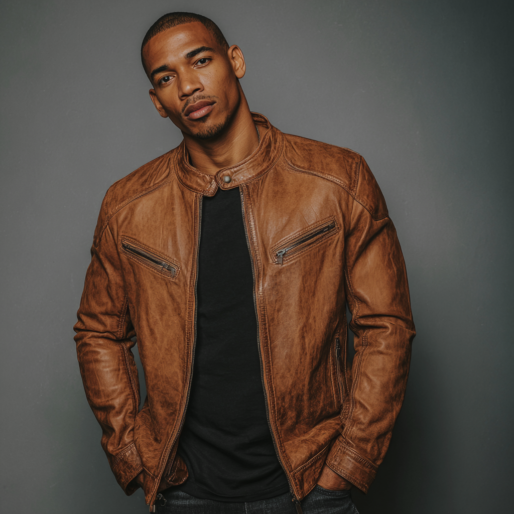 Herren Lederjacke - Herren - Echtleder - Cognacbraun - Slim Fit Bikerjacke mit Stehkragen - Größe L-Craftuse