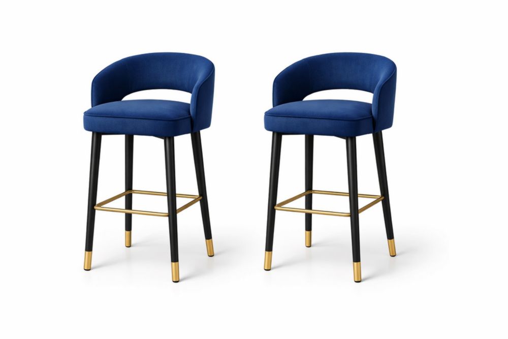 Velvet Upholstered Bar Stools Set with Gold Accents and Footrest Blue 2 Pieces