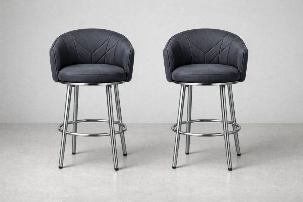 Set of 2 Grey Fabric Bar Stools with Chrome Swivel Base