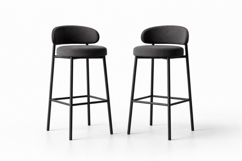 Set of 2 Metal Frame Bar Stools with Grey Polyester Upholstery