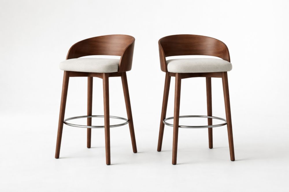 Set of 2 Walnut Bar Stools with Linen Seat and Metal Footrest