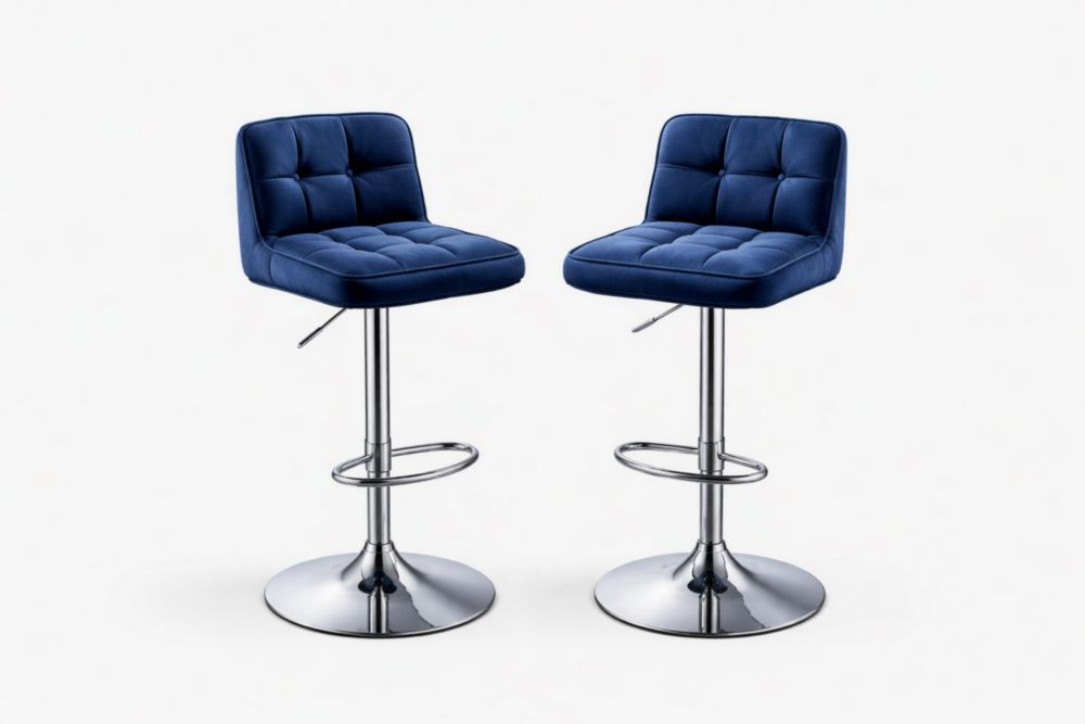 Blue Velvet Bar Stools with Chrome Base, Adjustable Set of 2