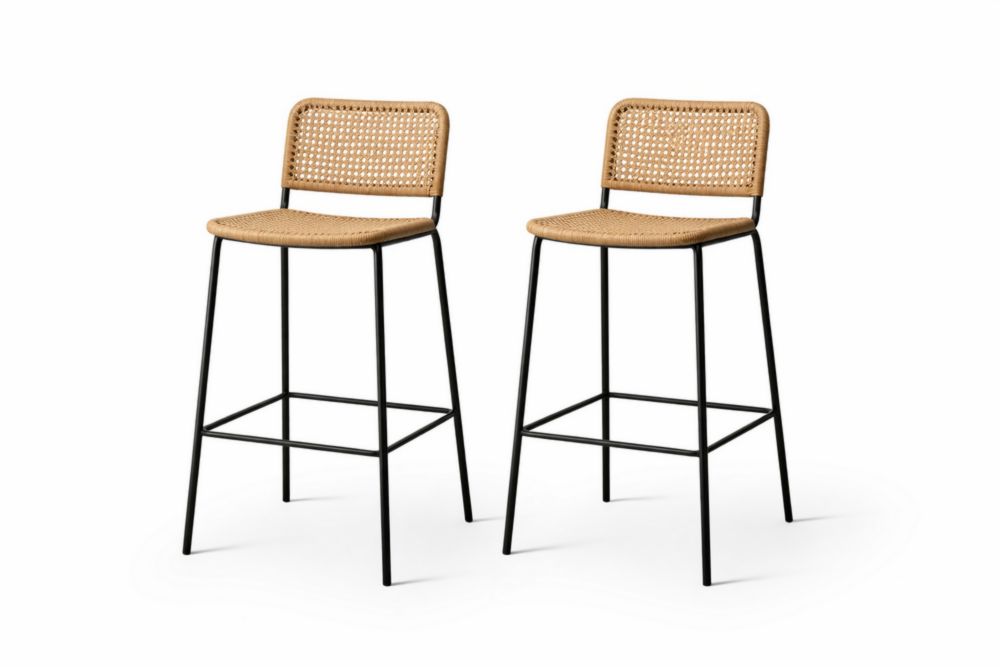 Set of 2 Rattan and Metal Bar Stools Natural Finish