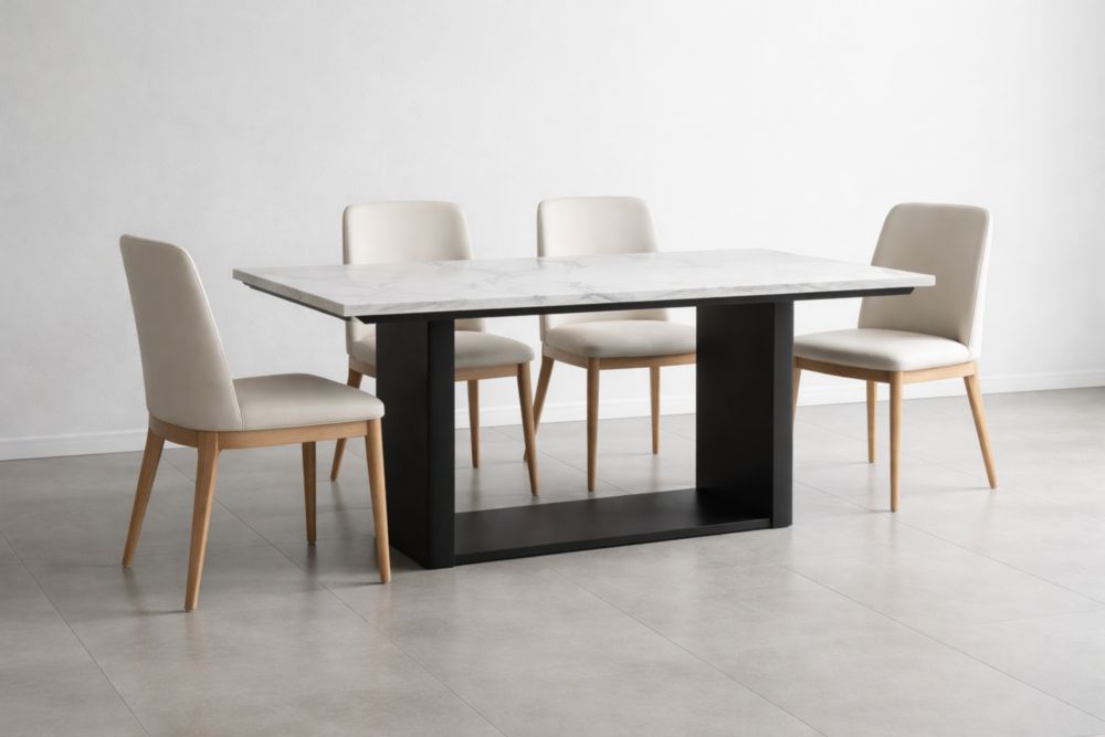 Rectangular Dining Table Set with White Marble Top and Black Metal Base, Beige Upholstered Chairs