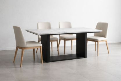 Rectangular Dining Table Set with White Marble Top and Black Metal Base, Beige Upholstered Chairs