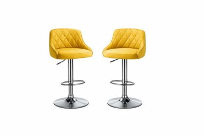 Set of 2 Yellow Adjustable Height Bar Stools with Quilted Fabric and Chrome Base