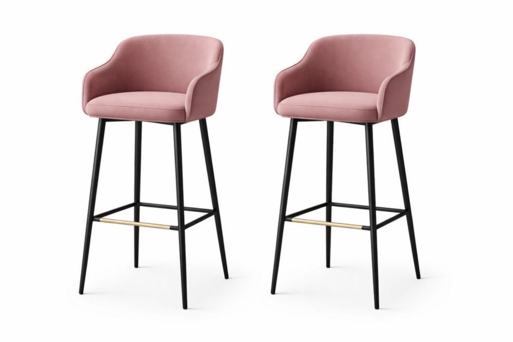 Set of 2 Pink Velvet Bar Stools with Backrest and Black Metal Legs