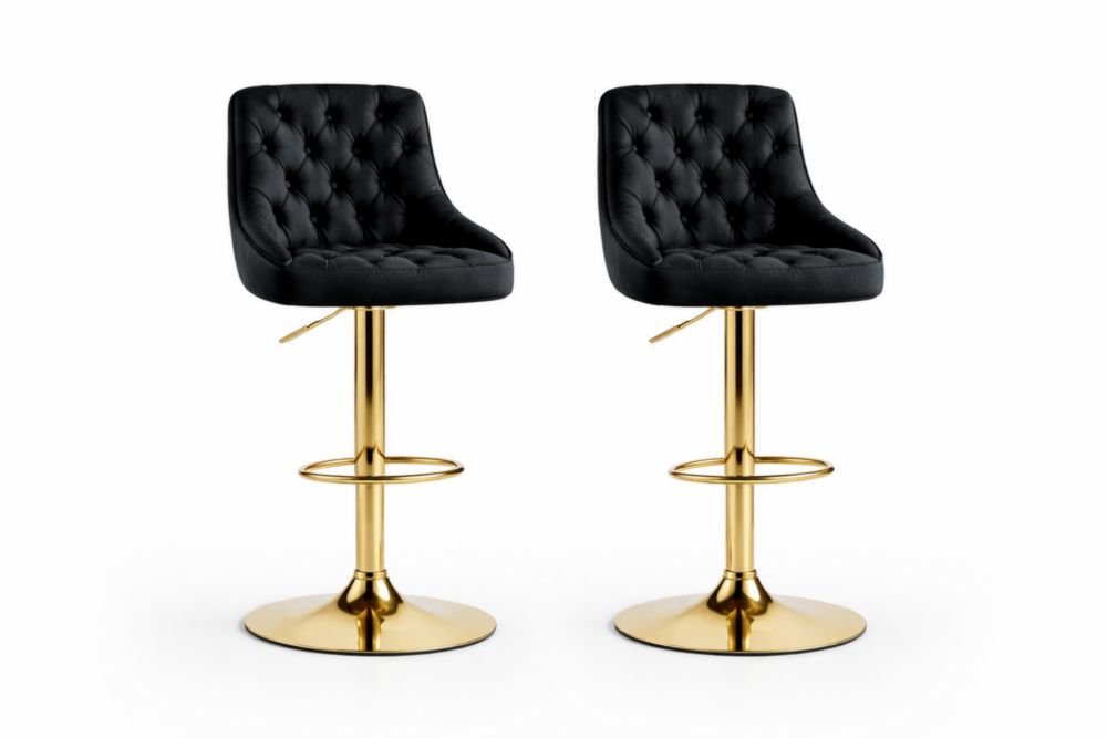 Set of 2 Black Tufted Faux Leather Bar Stools with Adjustable Gold Steel Base