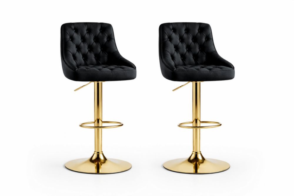 Set of 2 Black Tufted Faux Leather Bar Stools with Adjustable Gold Steel Base