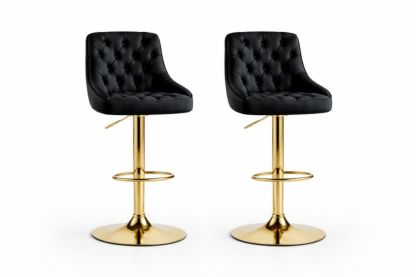 Set of 2 Black Tufted Faux Leather Bar Stools with Adjustable Gold Steel Base