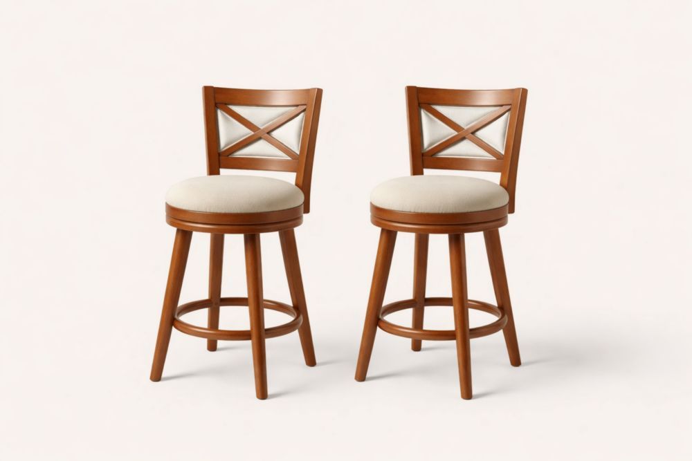 Wood Counter Height Swivel Barstools with X-Back and Beige Cushions Set of 2