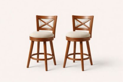 Wood Counter Height Swivel Barstools with X-Back and Beige Cushions Set of 2