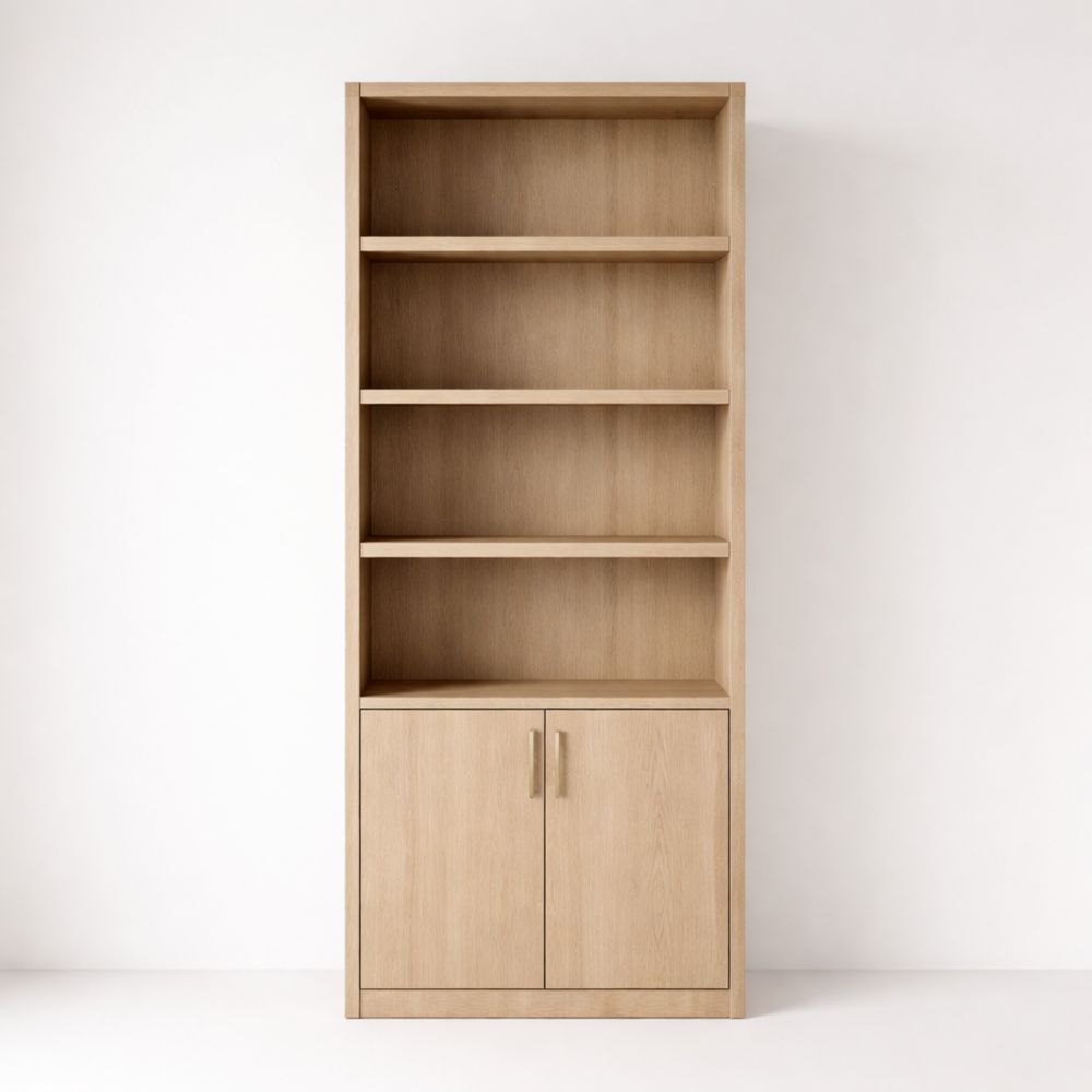 Tall wooden bookshelf with cabinet, 5tiers, light brown, 180 cm