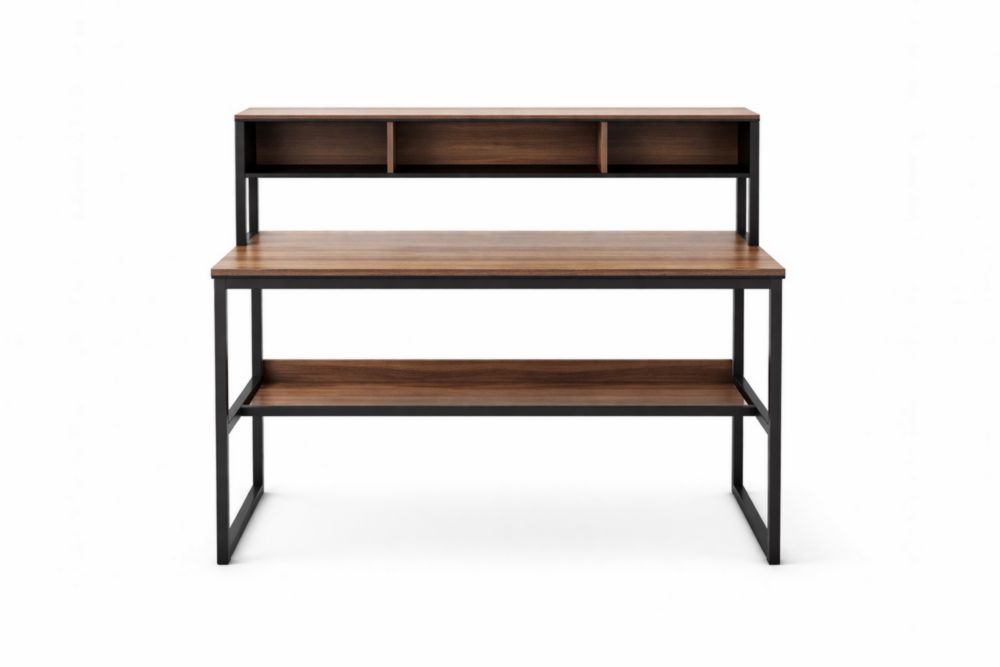Wood and Metal Desk with Shelf and Hutch Brown Black 120cm