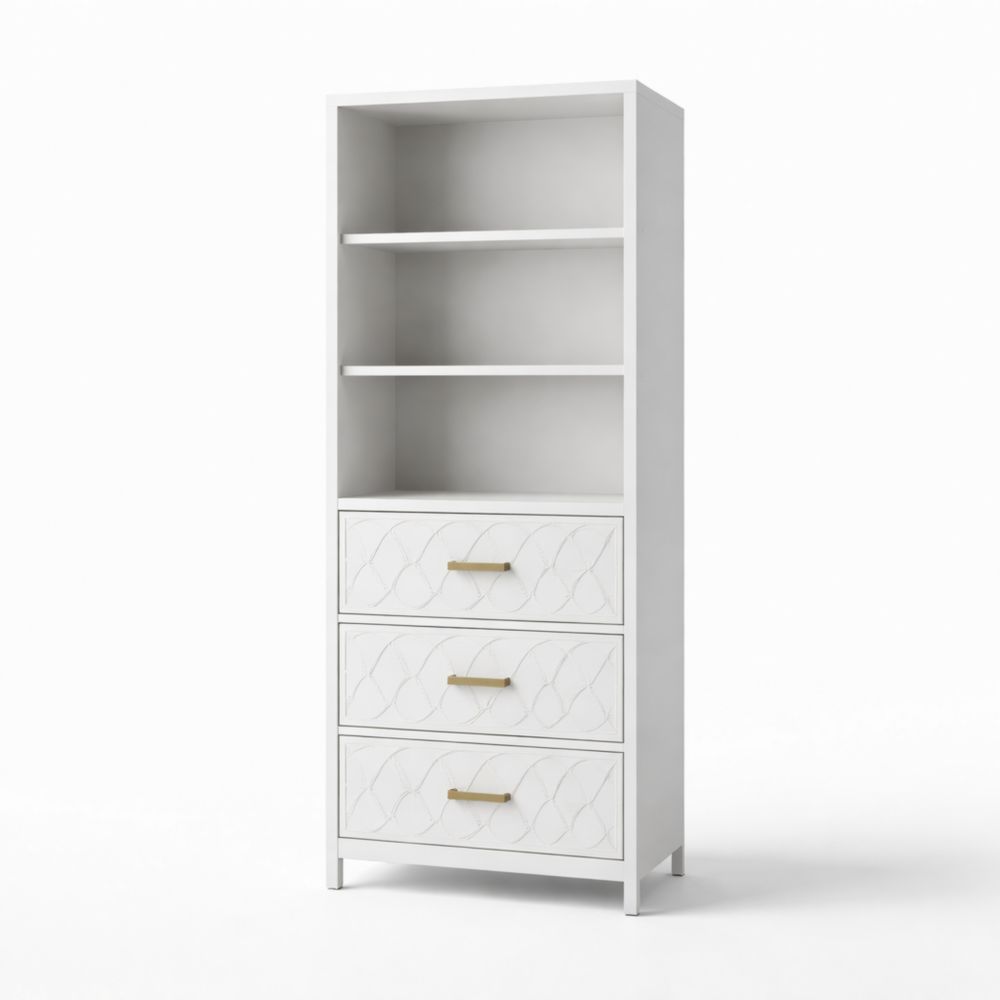 White Wood Bookcase with Three Drawers and Shelves
