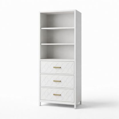 White Wood Bookcase with Three Drawers and Shelves
