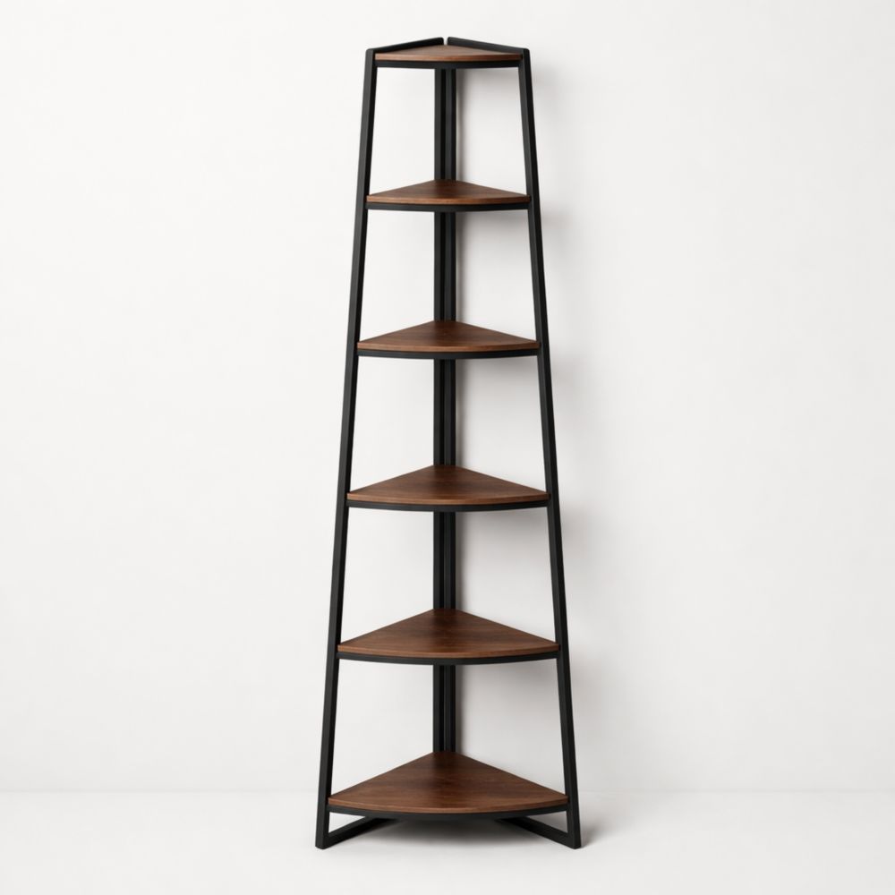 5-Tier Metal Corner Bookshelf with MDF Wood Shelves