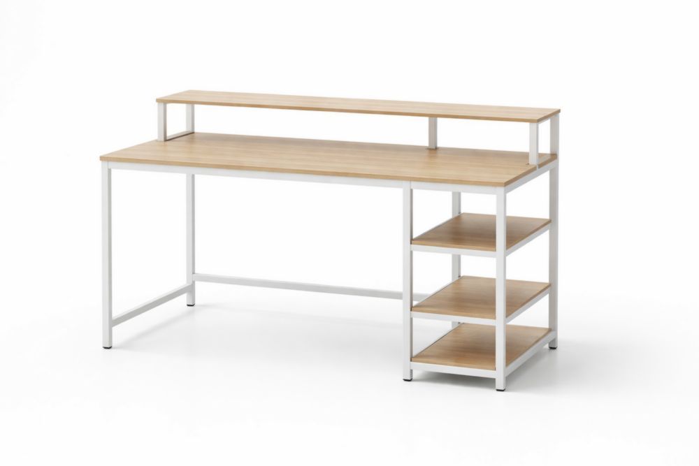 Wood and Metal Desk with Shelves Light Wood Finish and White Frame 120cm x 60cm x 75cm