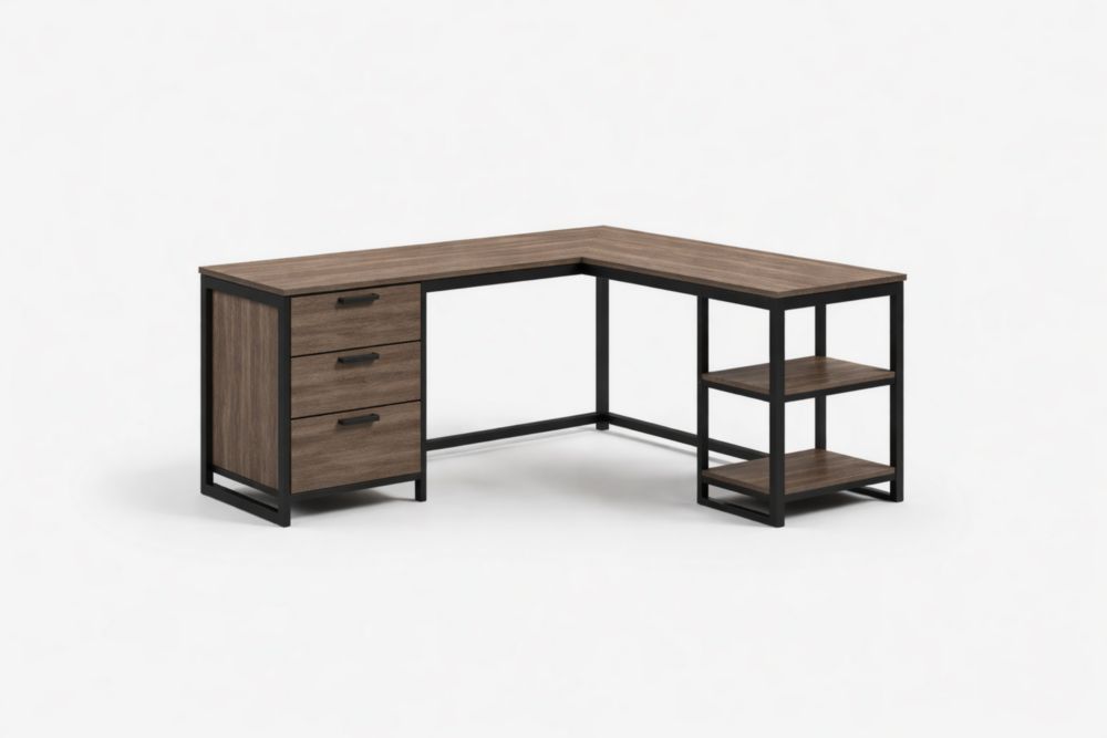 L-Shaped Desk with Metal Frame and Shelves in Brown