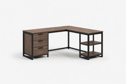 L-Shaped Desk with Metal Frame and Shelves in Brown