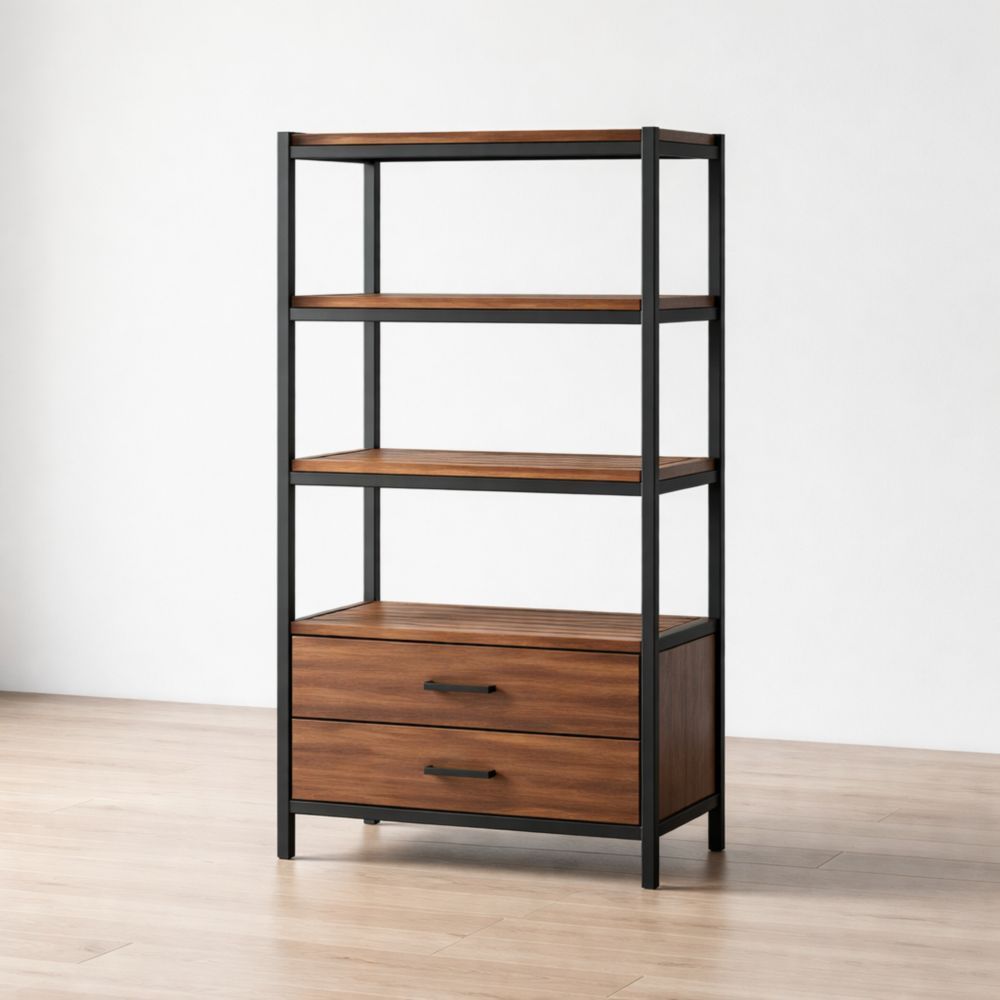 Brown Wood and Metal Bookcase with Drawers 180cm Height