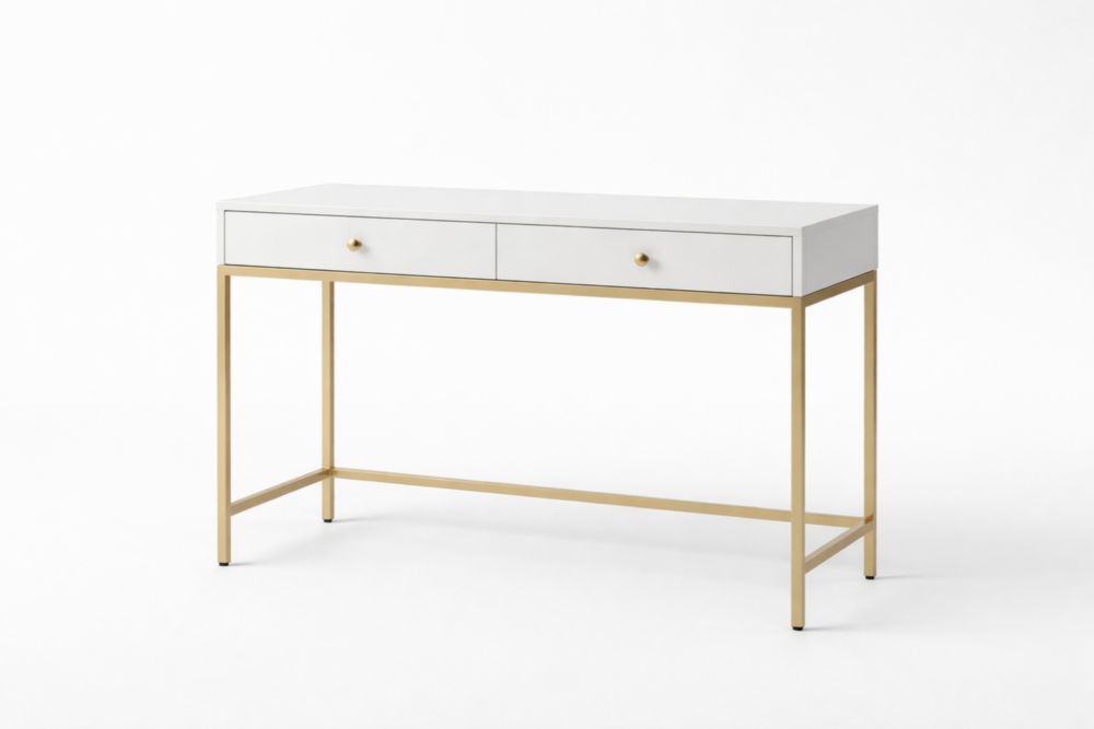 Rectangular White Desk with Gold Metal Legs and Drawers
