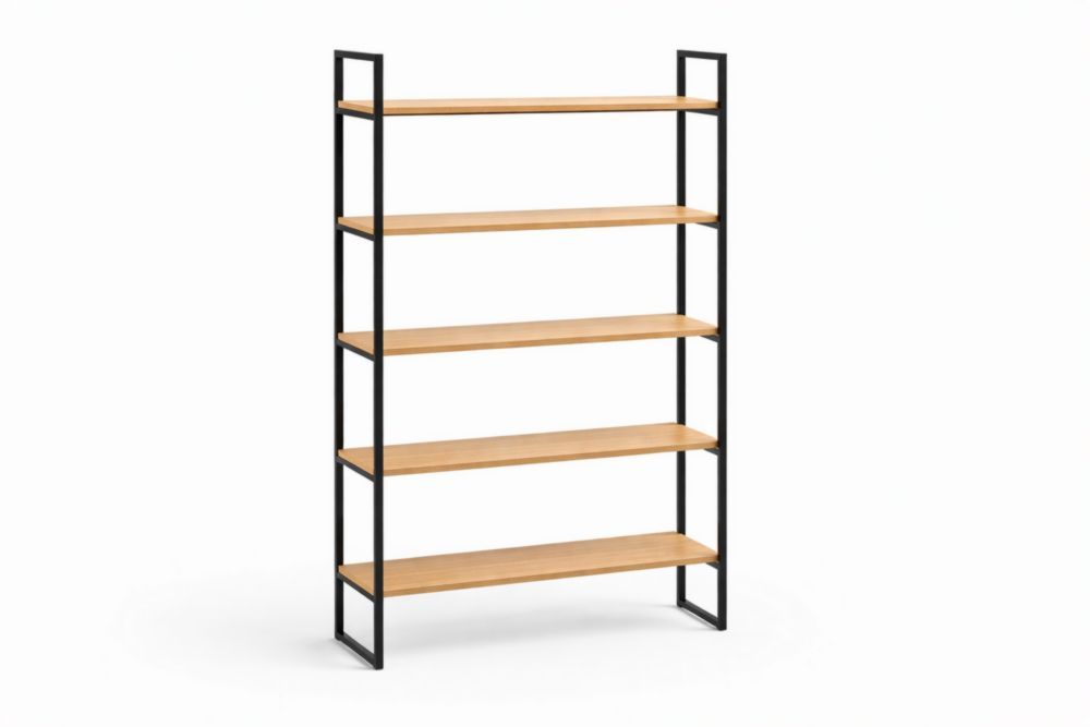 5-Tier Black Metal and Solid Wood Bookshelf
