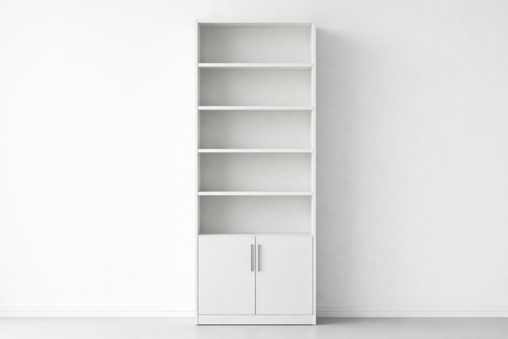 White Tall Bookcase with Cabinets and Adjustable Shelves