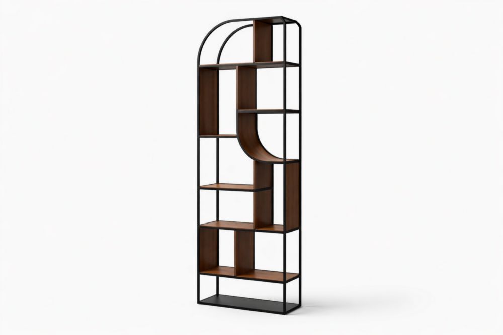 Arc Shaped Bookcase Metal Frame with Wood Shelves 180cm Tall 60cm Wide 25cm Deep