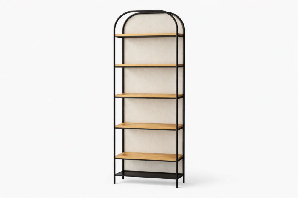 Black Metal Frame Bookshelf with Wood Shelves and Fabric Backing