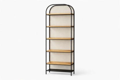 Black Metal Frame Bookshelf with Wood Shelves and Fabric Backing