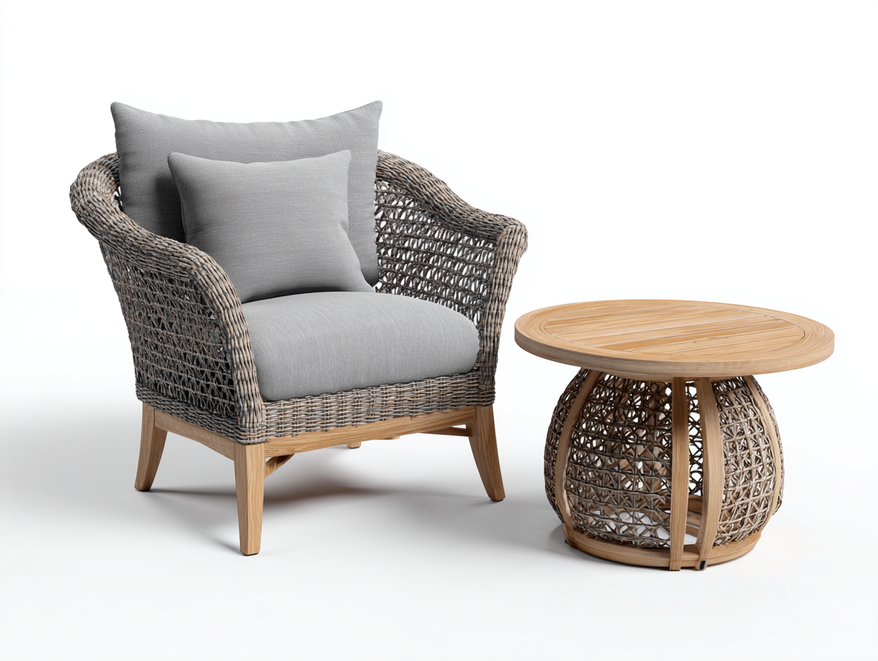 Sessel- und Beistelltisch-Set Rattan - Sessel 70x75x82 cm - Natur/Grau - für Garten - modernes Outdoor-Set-Sereneive