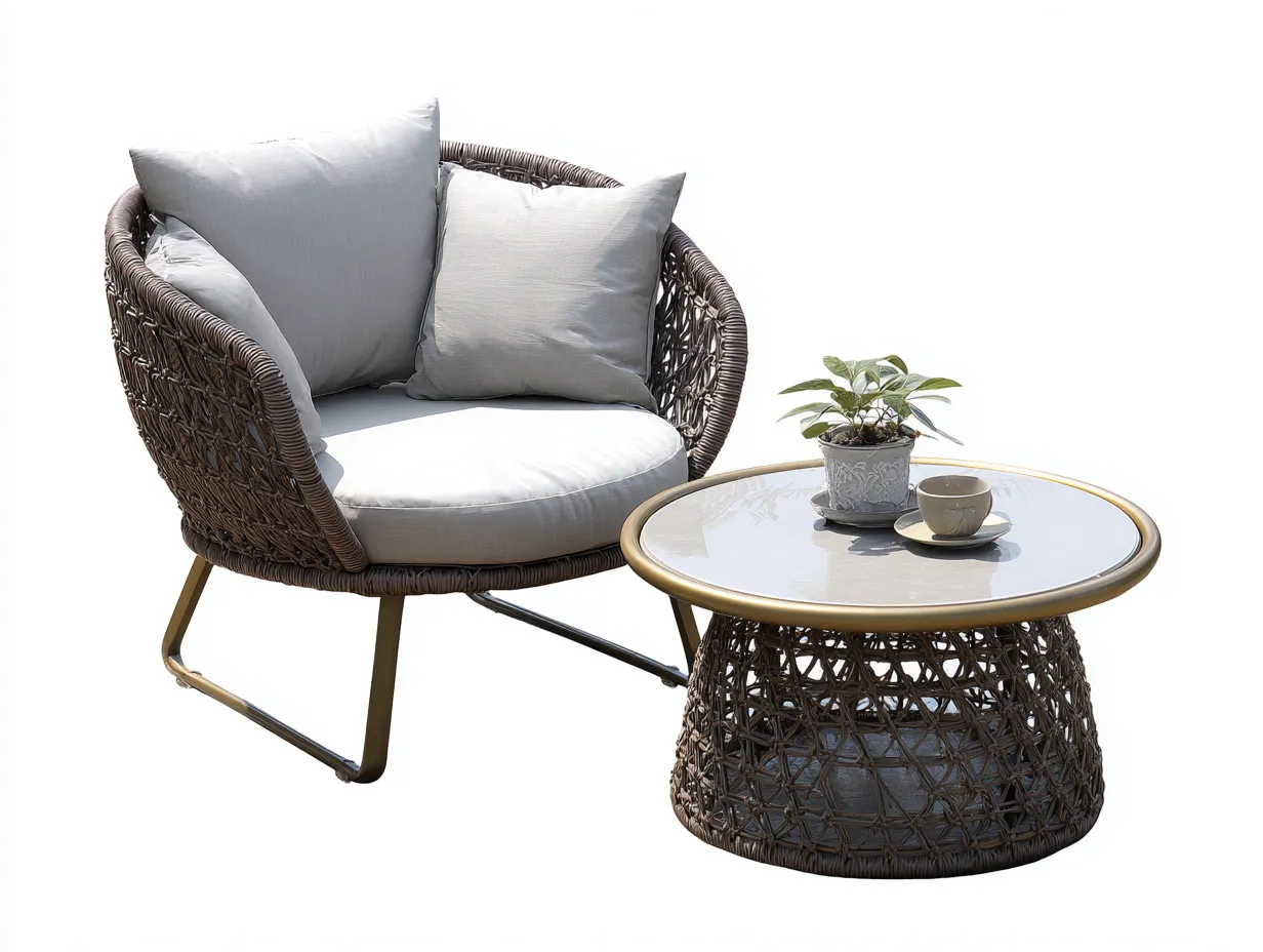 Sessel- und Beistelltisch-Set Rattan Metall Glas - Sessel 75x72x78cm - natur/beige -für Garten und Terrasse - modernes Design-Sereneive