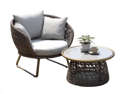 Sessel- und Beistelltisch-Set Rattan Metall Glas - Sessel 75x72x78cm - natur/beige -für Garten und Terrasse - modernes Design-Sereneive