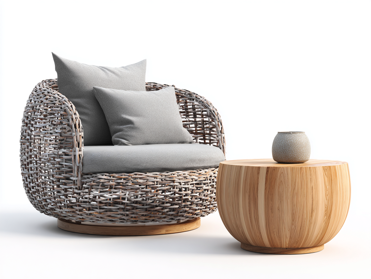 Sessel- und Beistelltisch-Set Rattan Holz - Sessel 72x70x78 cm - Natur/Grau - für Garten - modernes Outdoor-Set-Sereneive