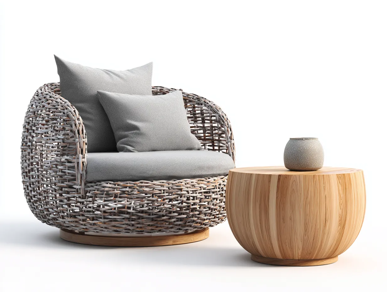 Sessel- und Beistelltisch-Set Rattan Holz - Sessel 72x70x78 cm - Natur/Grau - für Garten - modernes Outdoor-Set-Sereneive