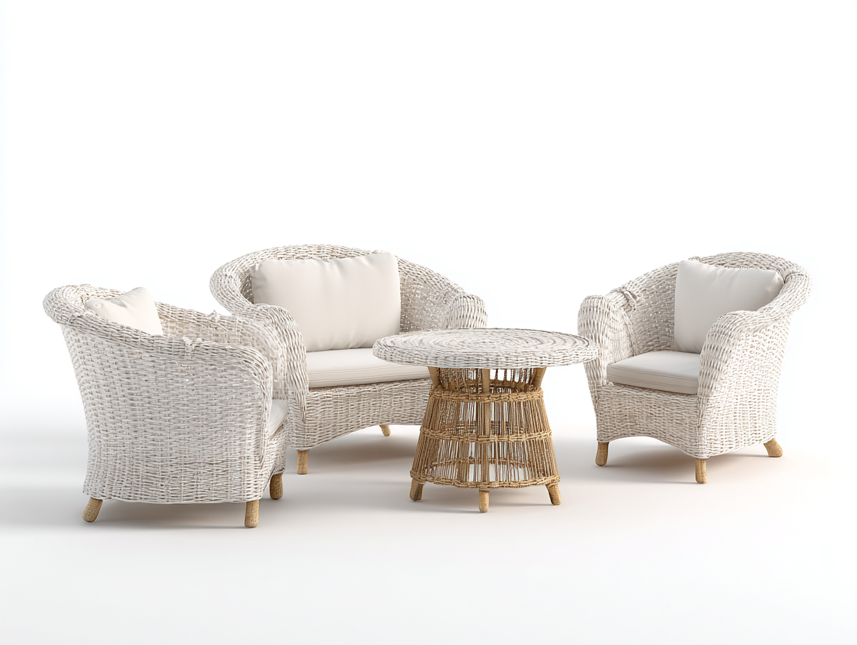 Sessel- und Beistelltisch-Set Rattan - Sessel 75x75x78 cm - Weiß/Natur/Beige - für Terrasse - gemütliches Outdoor-Set-Sereneive