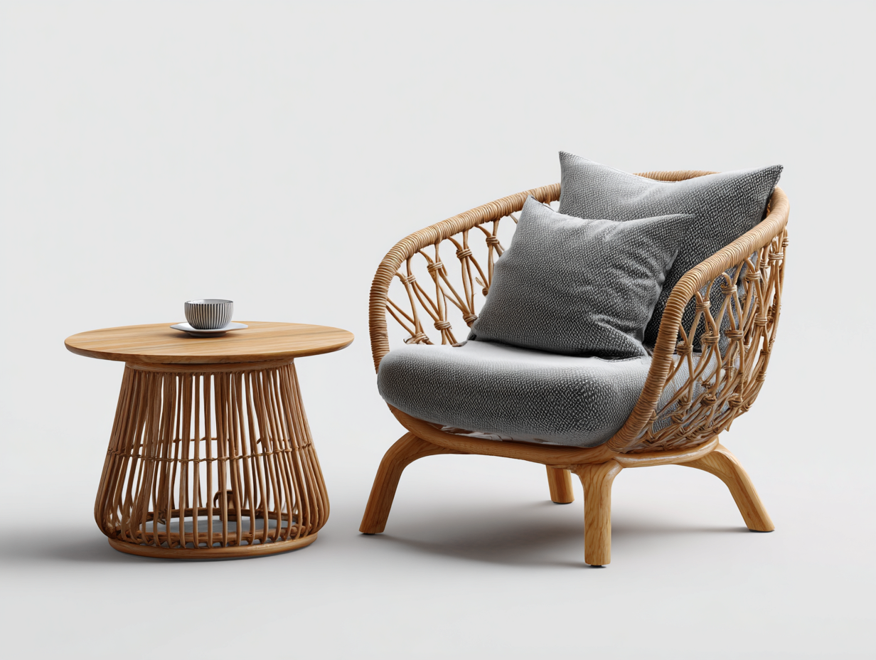 Sessel- und Beistelltisch-Set Rattan - Sessel 68x72x80 cm - Natur/Grau - für Garten - modernes Outdoor-Set-Sereneive